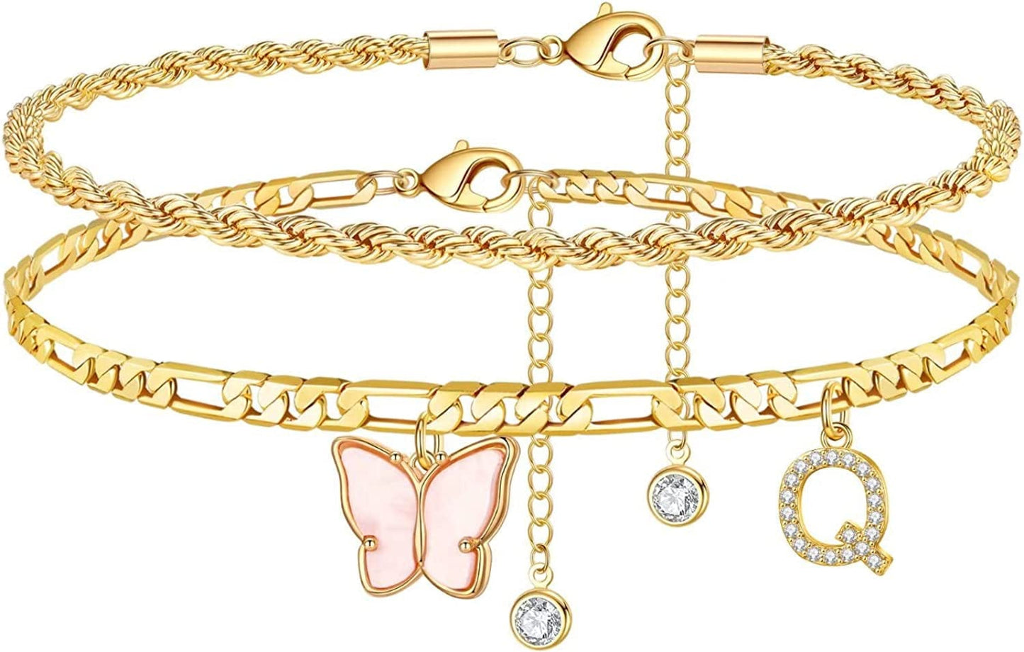Ankle Bracelets for Women, Butterfly Anklet 14K Gold Plated Ankle Bracelet Layered Anklet for Women Initial Anklet Letter A-Z Gold Anklets for Women Teen Girls Foot Jewelry Gifts Apparel & Accessories > Jewelry > Anklets IEFSHINY Q