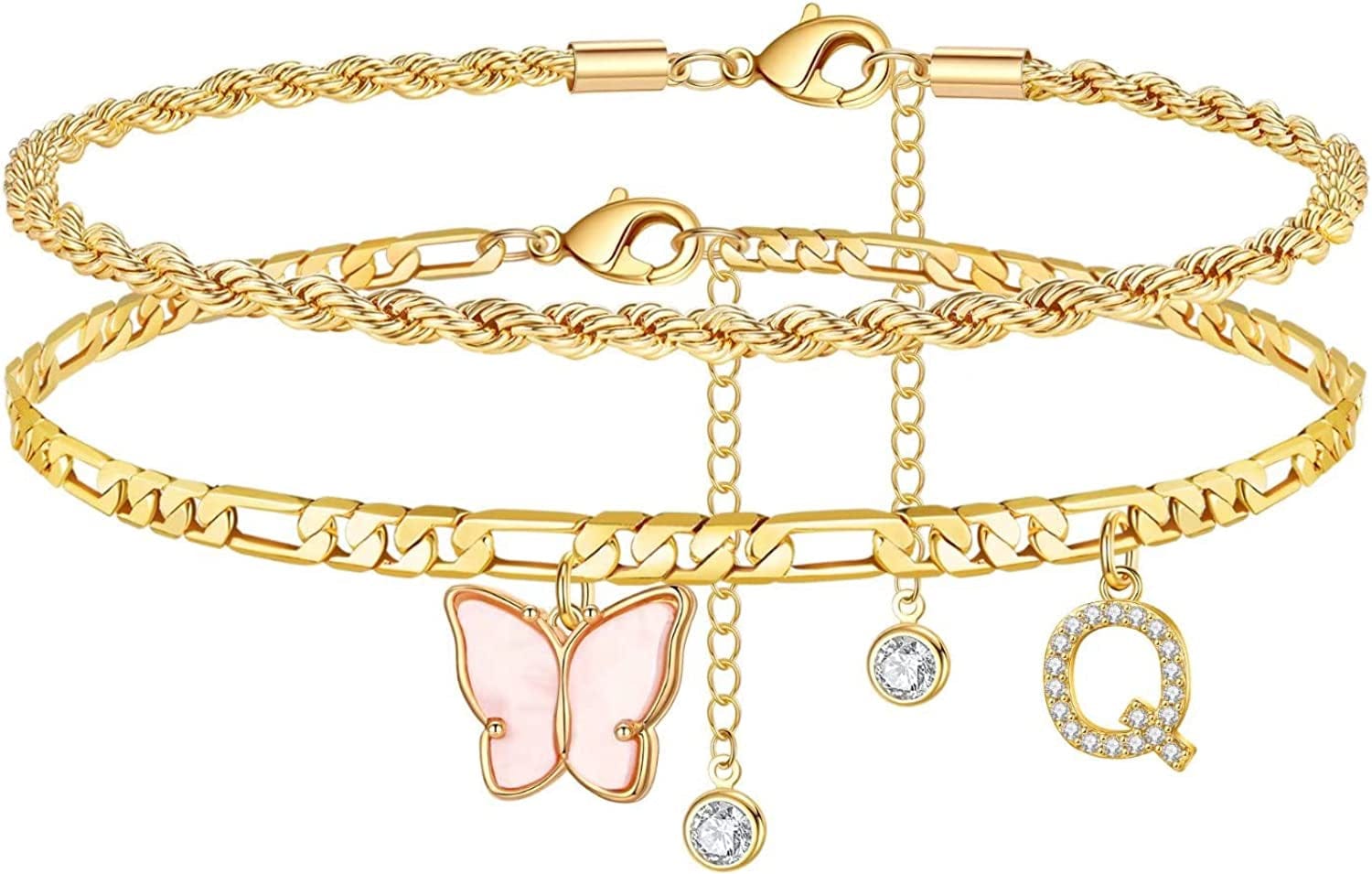 Ankle Bracelets for Women, Butterfly Anklet 14K Gold Plated Ankle Bracelet Layered Anklet for Women Initial Anklet Letter A-Z Gold Anklets for Women Teen Girls Foot Jewelry Gifts Apparel & Accessories > Jewelry > Anklets IEFSHINY Q