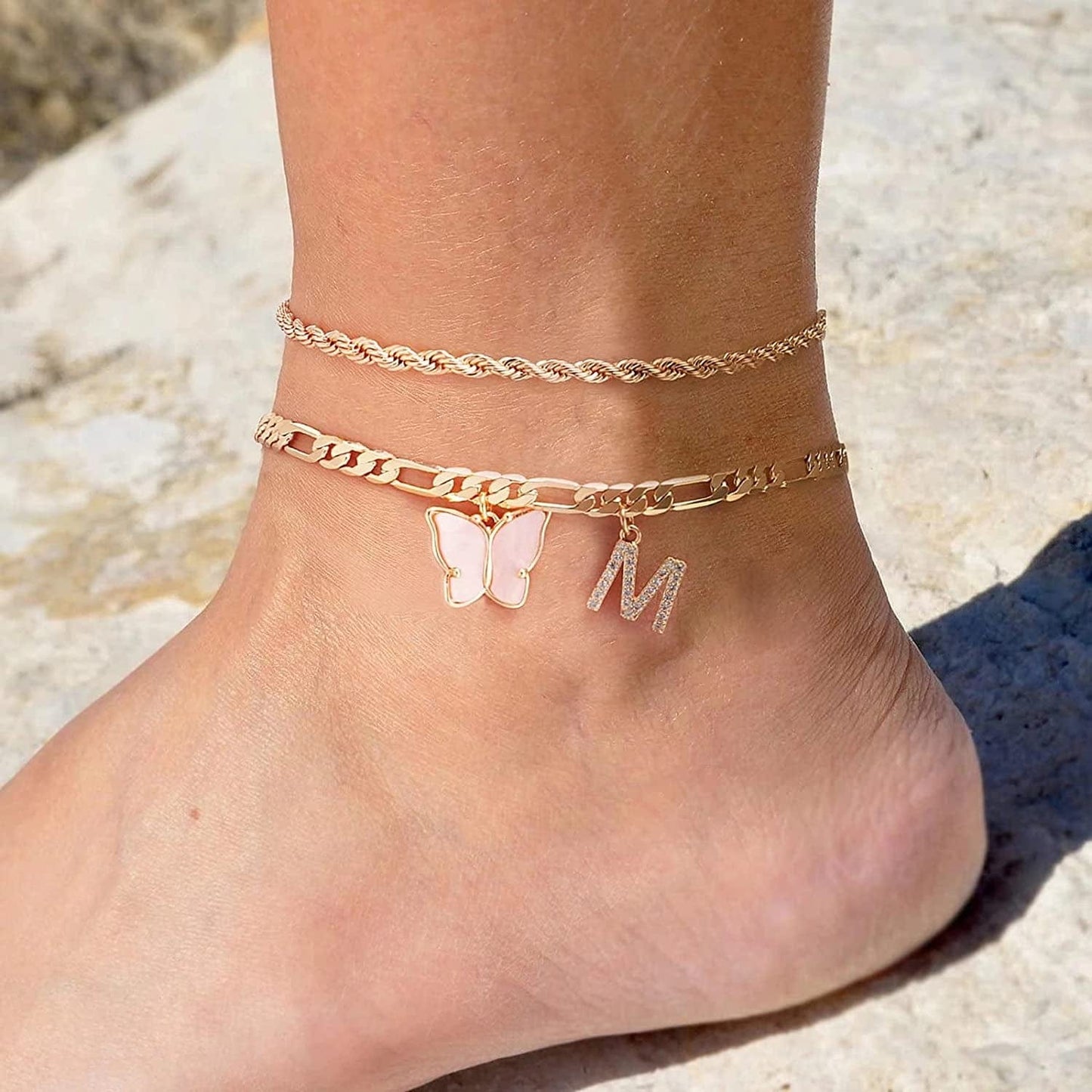 Ankle Bracelets for Women, Butterfly Anklet 14K Gold Plated Ankle Bracelet Layered Anklet for Women Initial Anklet Letter A-Z Gold Anklets for Women Teen Girls Foot Jewelry Gifts Apparel & Accessories > Jewelry > Anklets IEFSHINY