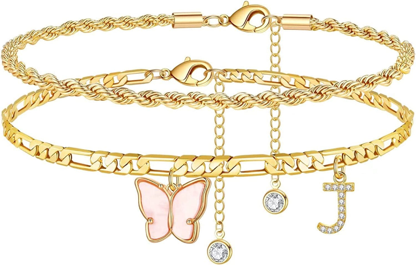 Ankle Bracelets for Women, Butterfly Anklet 14K Gold Plated Ankle Bracelet Layered Anklet for Women Initial Anklet Letter A-Z Gold Anklets for Women Teen Girls Foot Jewelry Gifts Apparel & Accessories > Jewelry > Anklets IEFSHINY J