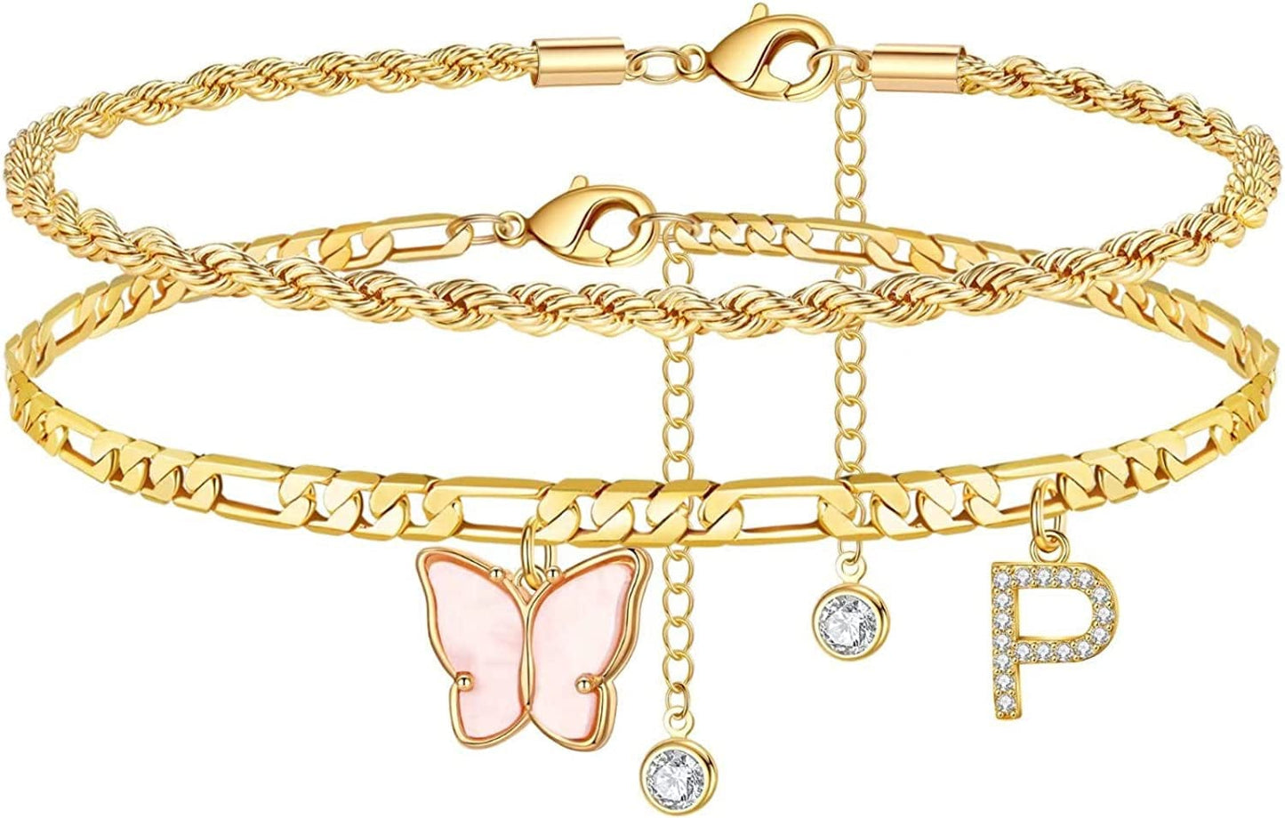 Ankle Bracelets for Women, Butterfly Anklet 14K Gold Plated Ankle Bracelet Layered Anklet for Women Initial Anklet Letter A-Z Gold Anklets for Women Teen Girls Foot Jewelry Gifts Apparel & Accessories > Jewelry > Anklets IEFSHINY P