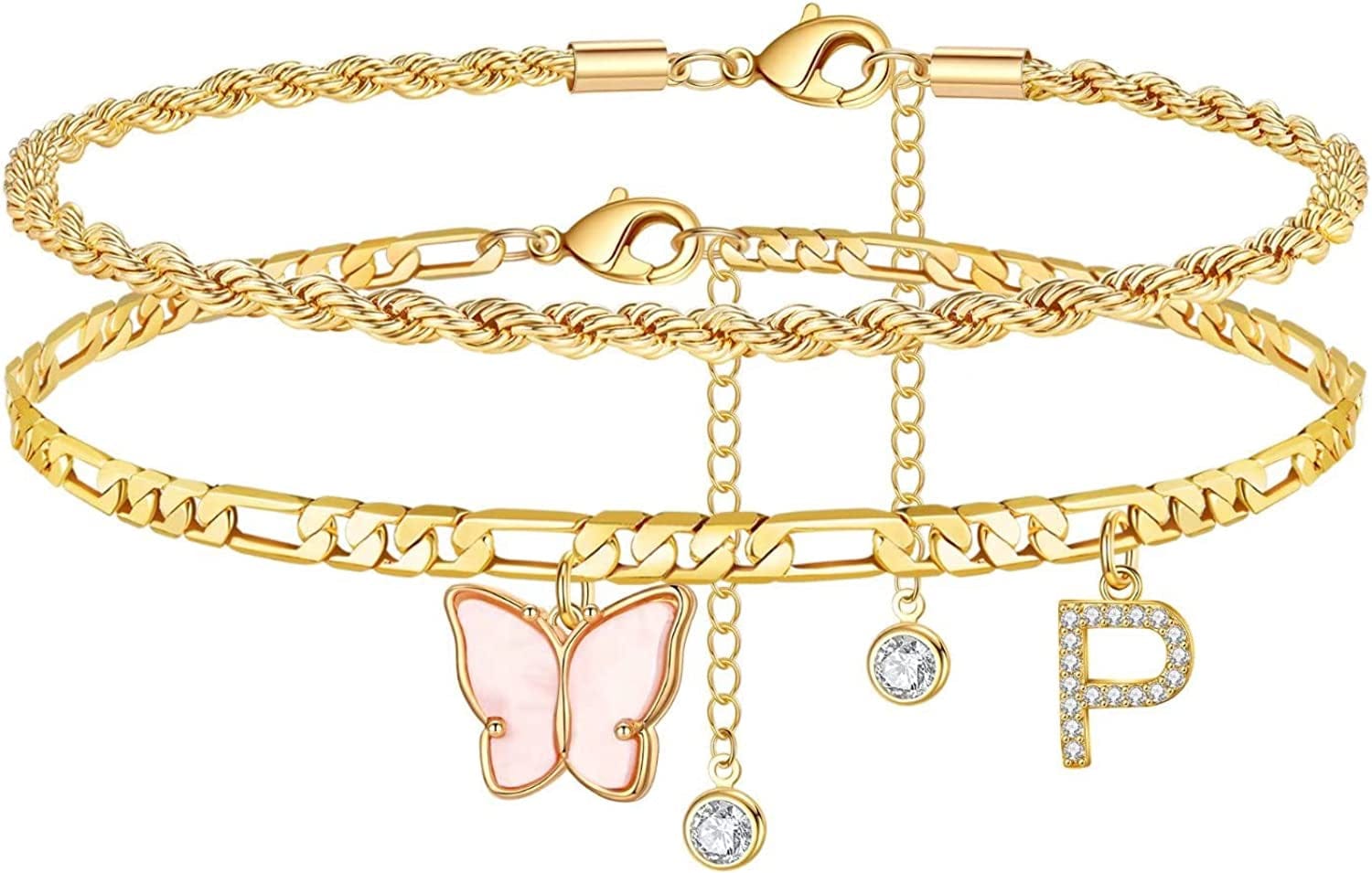 Ankle Bracelets for Women, Butterfly Anklet 14K Gold Plated Ankle Bracelet Layered Anklet for Women Initial Anklet Letter A-Z Gold Anklets for Women Teen Girls Foot Jewelry Gifts Apparel & Accessories > Jewelry > Anklets IEFSHINY P