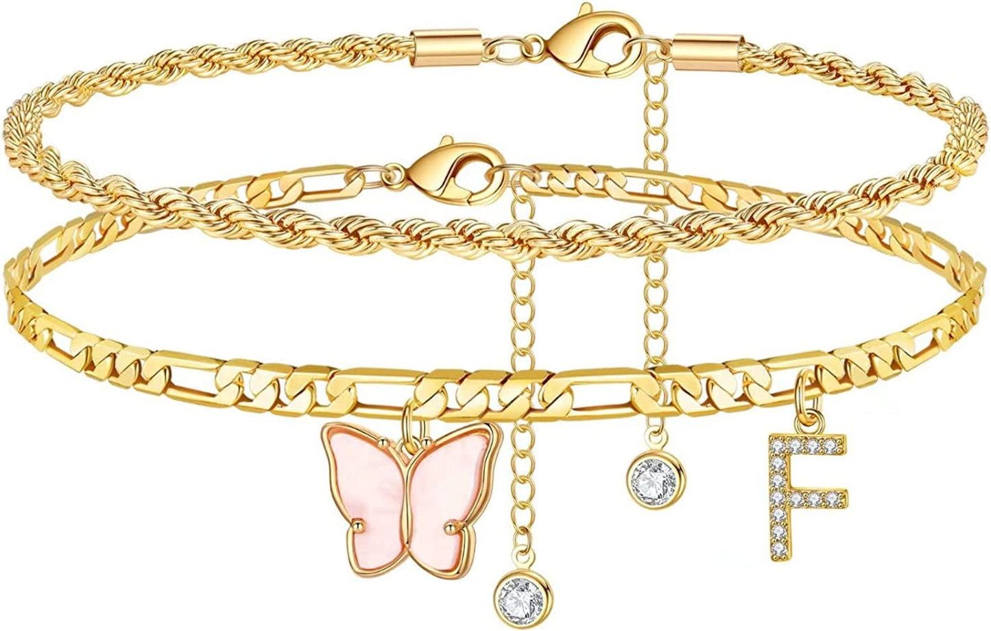 Ankle Bracelets for Women, Butterfly Anklet 14K Gold Plated Ankle Bracelet Layered Anklet for Women Initial Anklet Letter A-Z Gold Anklets for Women Teen Girls Foot Jewelry Gifts Apparel & Accessories > Jewelry > Anklets IEFSHINY F