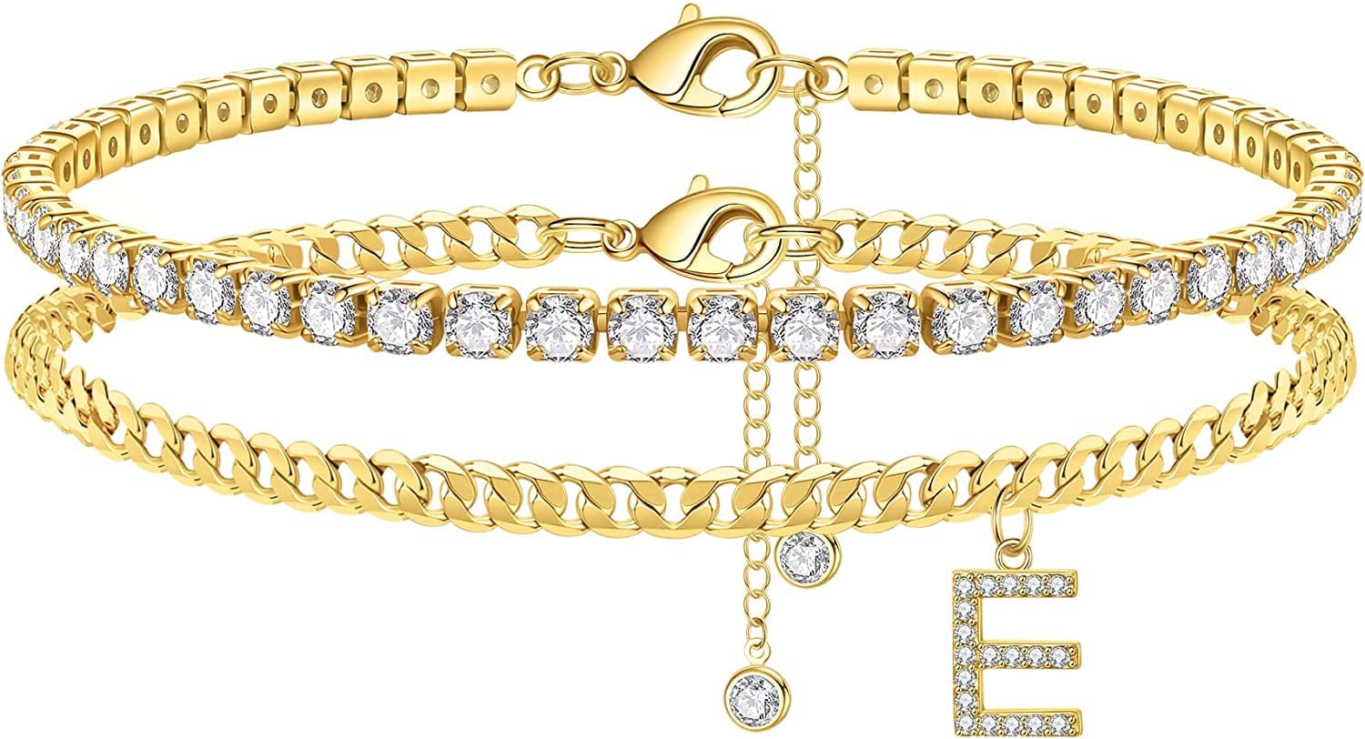Ankle Bracelets for Women Initial Anklet, 14K Gold Plated Layered Cubic Zirconia Tennis Ankle Bracelets Dainty Letter Initial Anklet A-Z Gold Anklets for Women Teen Girls Beach Foot Jewelry Gifts Apparel & Accessories > Jewelry > Anklets IEFSHINY E