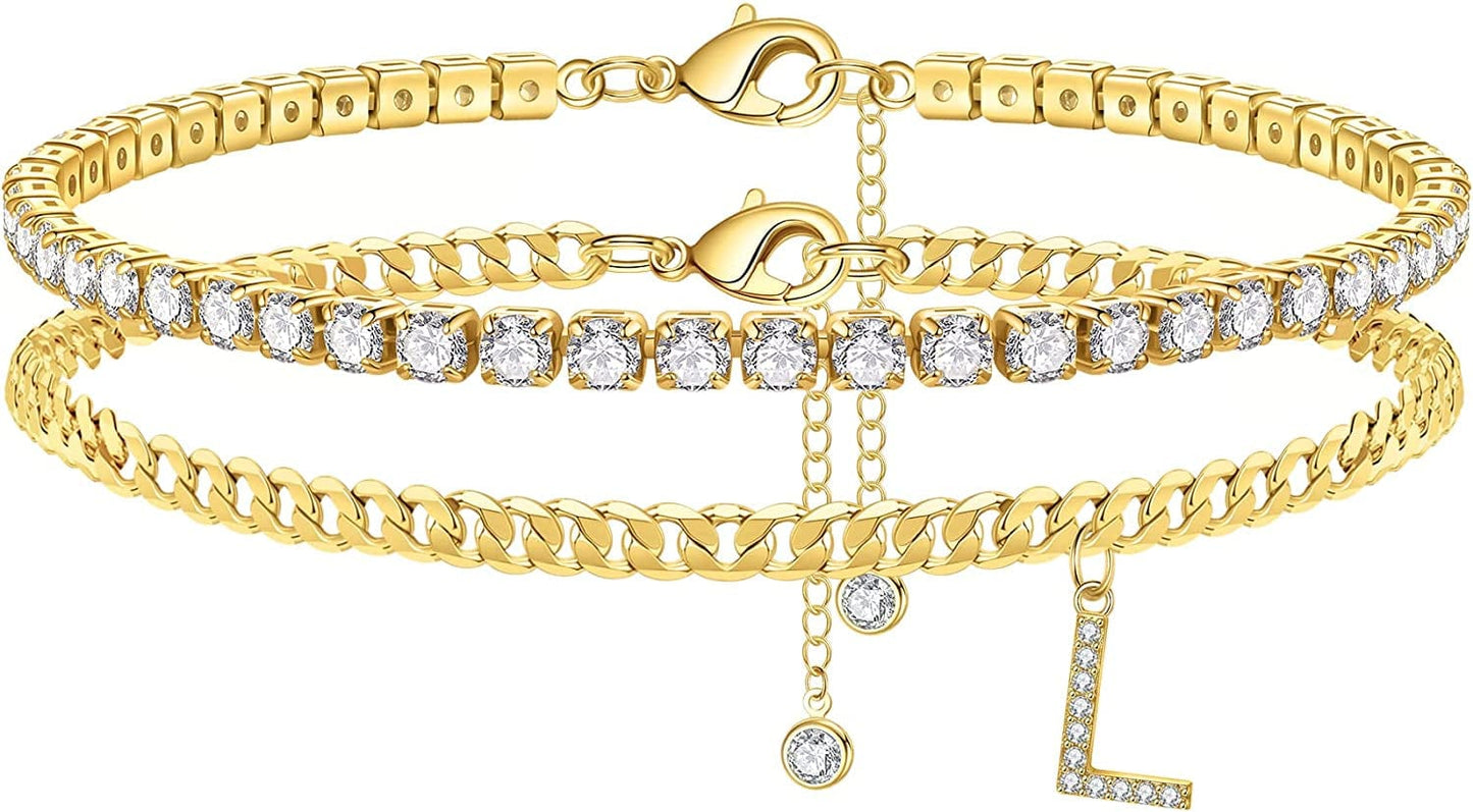 Ankle Bracelets for Women Initial Anklet, 14K Gold Plated Layered Cubic Zirconia Tennis Ankle Bracelets Dainty Letter Initial Anklet A-Z Gold Anklets for Women Teen Girls Beach Foot Jewelry Gifts Apparel & Accessories > Jewelry > Anklets IEFSHINY L