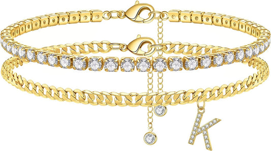 Ankle Bracelets for Women Initial Anklet, 14K Gold Plated Layered Cubic Zirconia Tennis Ankle Bracelets Dainty Letter Initial Anklet A-Z Gold Anklets for Women Teen Girls Beach Foot Jewelry Gifts Apparel & Accessories > Jewelry > Anklets IEFSHINY K