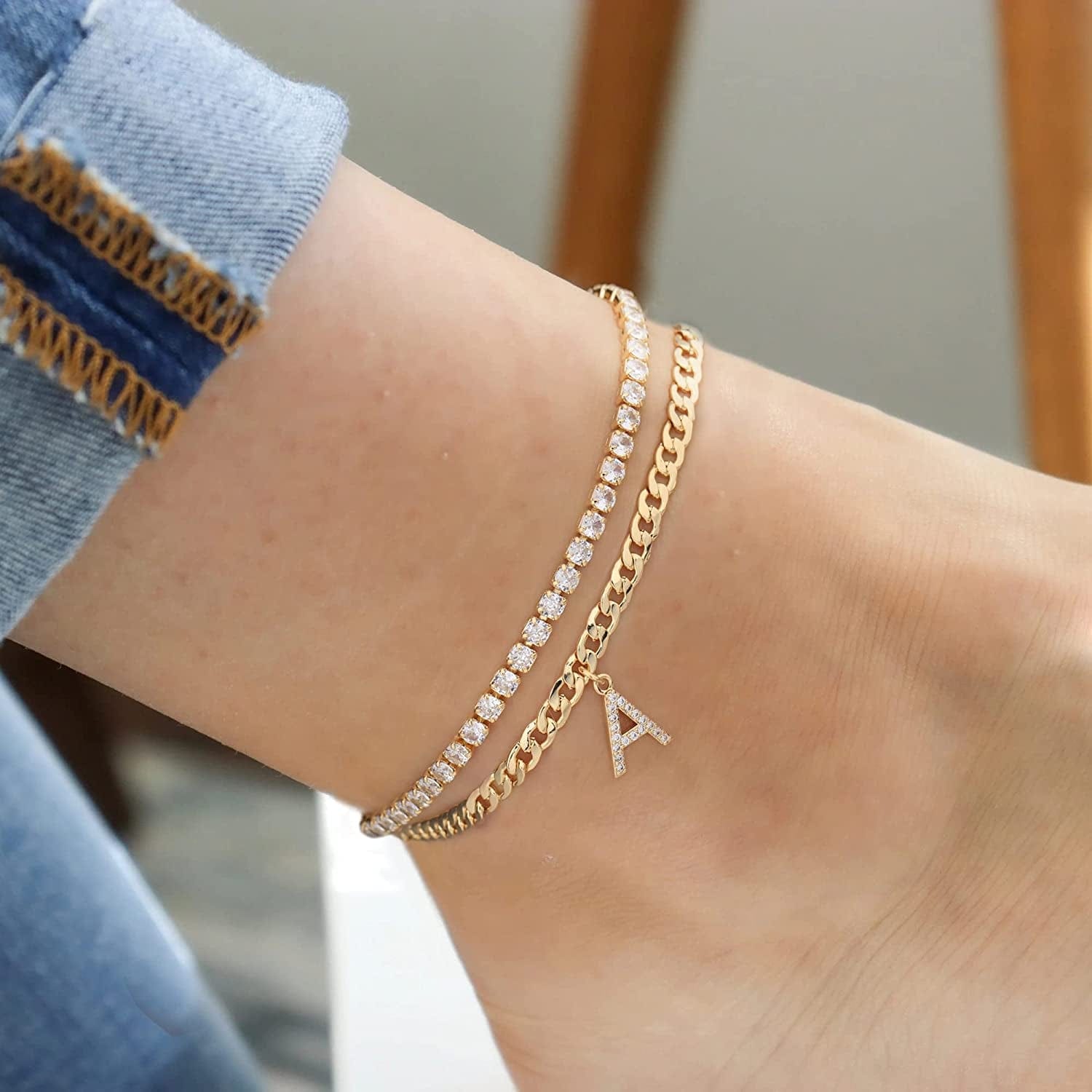 Ankle Bracelets for Women Initial Anklet, 14K Gold Plated Layered Cubic Zirconia Tennis Ankle Bracelets Dainty Letter Initial Anklet A-Z Gold Anklets for Women Teen Girls Beach Foot Jewelry Gifts Apparel & Accessories > Jewelry > Anklets IEFSHINY