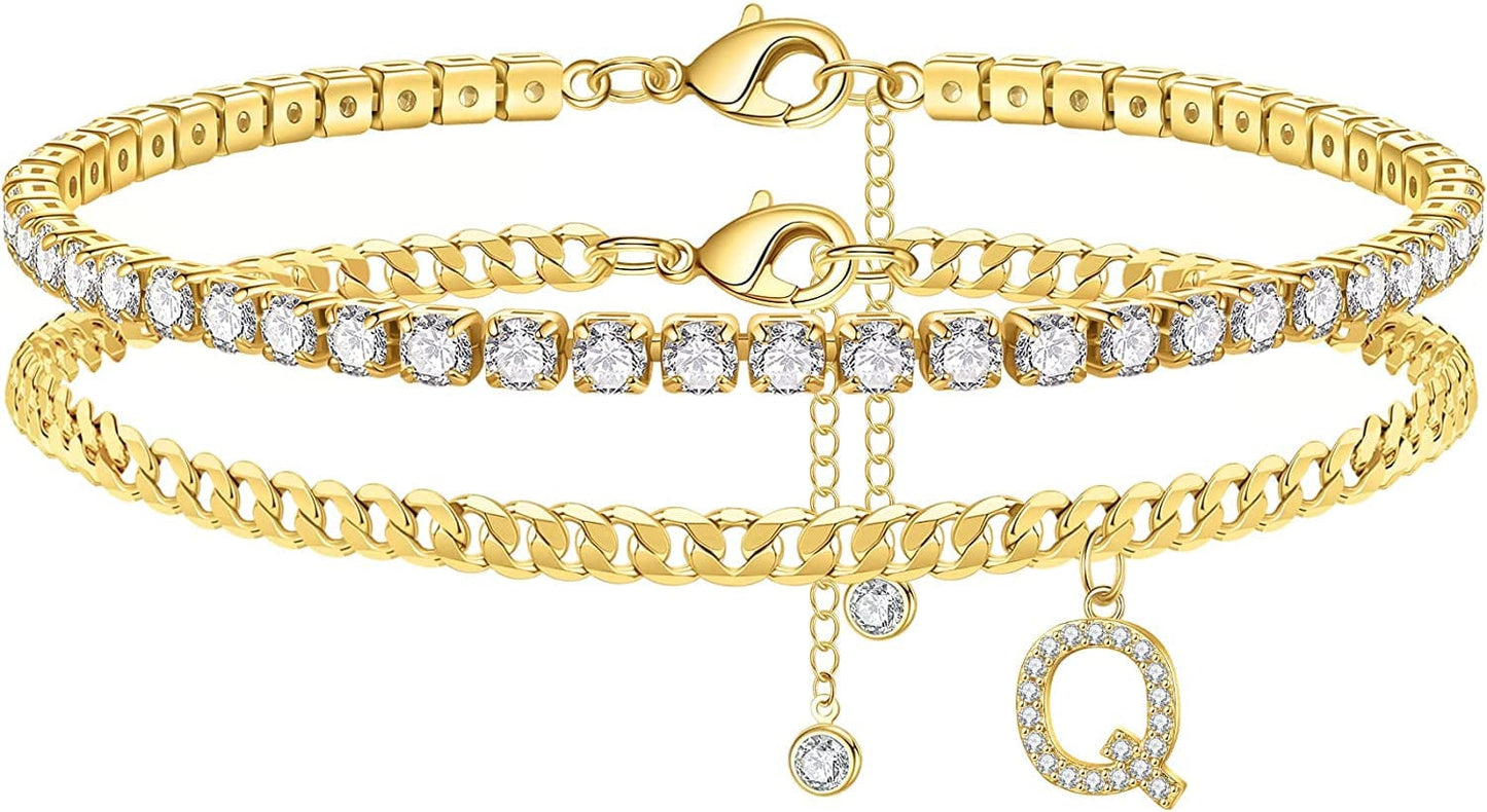 Ankle Bracelets for Women Initial Anklet, 14K Gold Plated Layered Cubic Zirconia Tennis Ankle Bracelets Dainty Letter Initial Anklet A-Z Gold Anklets for Women Teen Girls Beach Foot Jewelry Gifts Apparel & Accessories > Jewelry > Anklets IEFSHINY Q