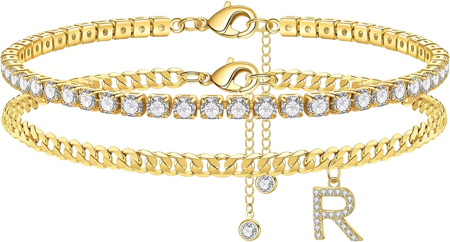 Ankle Bracelets for Women Initial Anklet, 14K Gold Plated Layered Cubic Zirconia Tennis Ankle Bracelets Dainty Letter Initial Anklet A-Z Gold Anklets for Women Teen Girls Beach Foot Jewelry Gifts Apparel & Accessories > Jewelry > Anklets IEFSHINY R