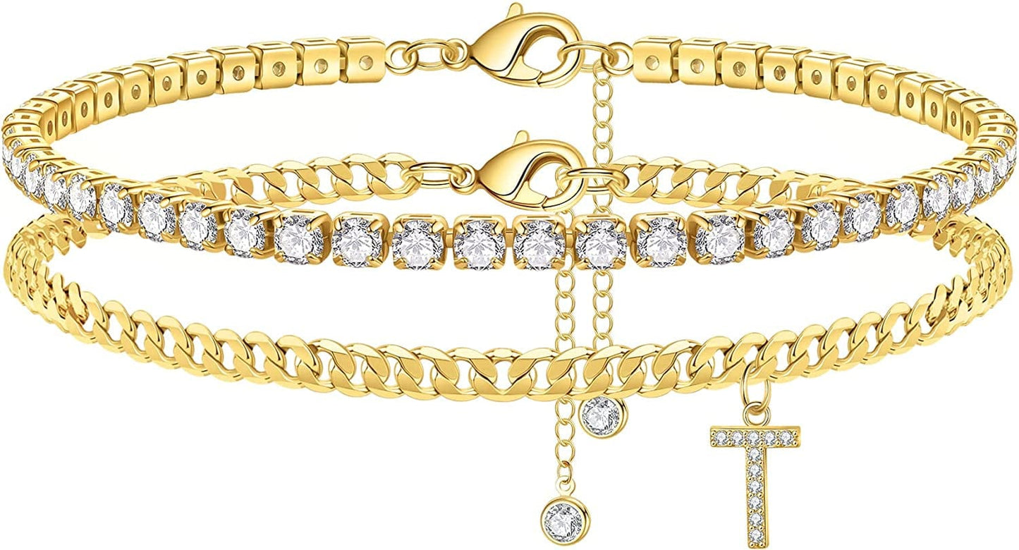 Ankle Bracelets for Women Initial Anklet, 14K Gold Plated Layered Cubic Zirconia Tennis Ankle Bracelets Dainty Letter Initial Anklet A-Z Gold Anklets for Women Teen Girls Beach Foot Jewelry Gifts Apparel & Accessories > Jewelry > Anklets IEFSHINY T