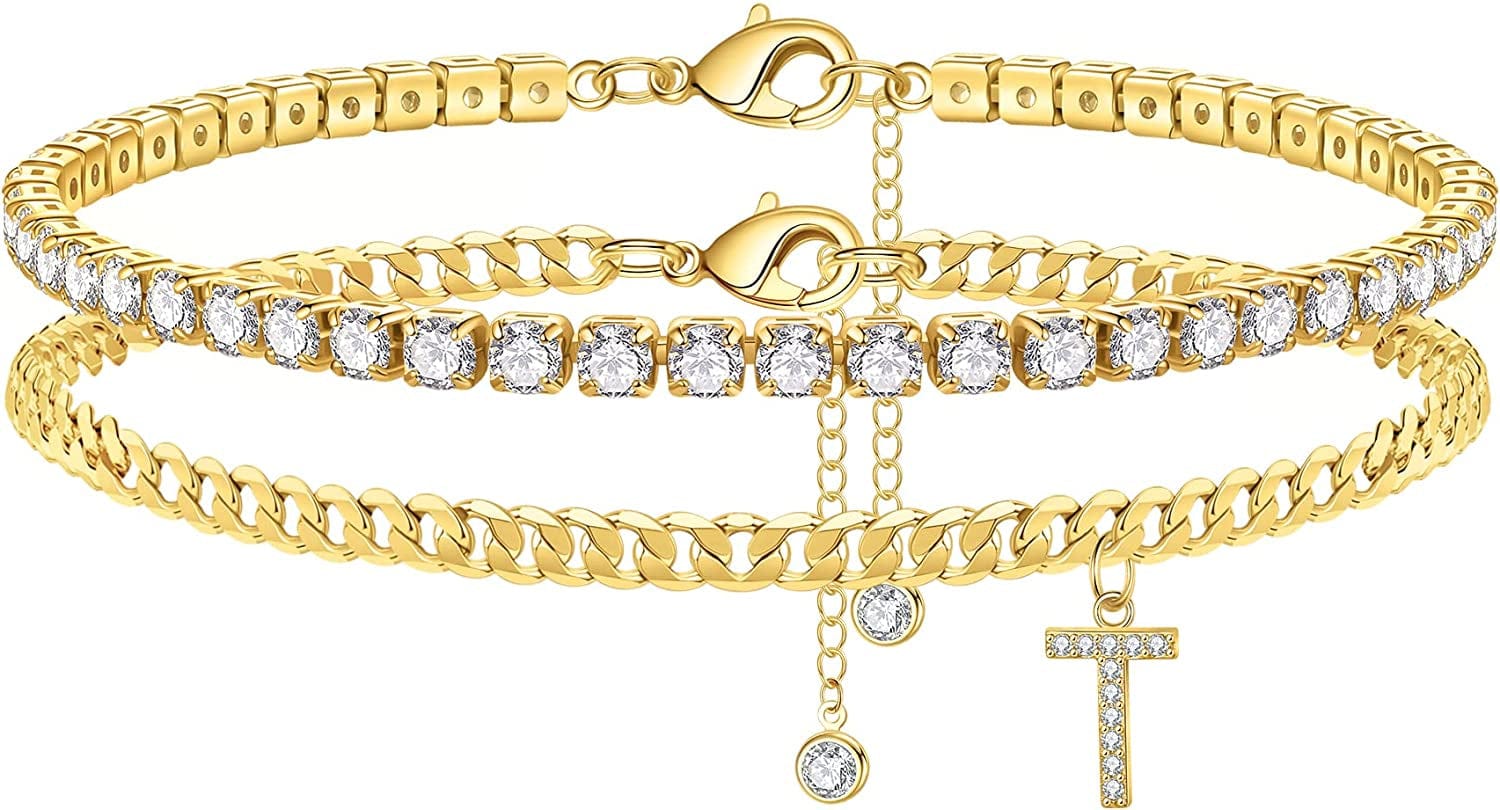 Ankle Bracelets for Women Initial Anklet, 14K Gold Plated Layered Cubic Zirconia Tennis Ankle Bracelets Dainty Letter Initial Anklet A-Z Gold Anklets for Women Teen Girls Beach Foot Jewelry Gifts Apparel & Accessories > Jewelry > Anklets IEFSHINY T