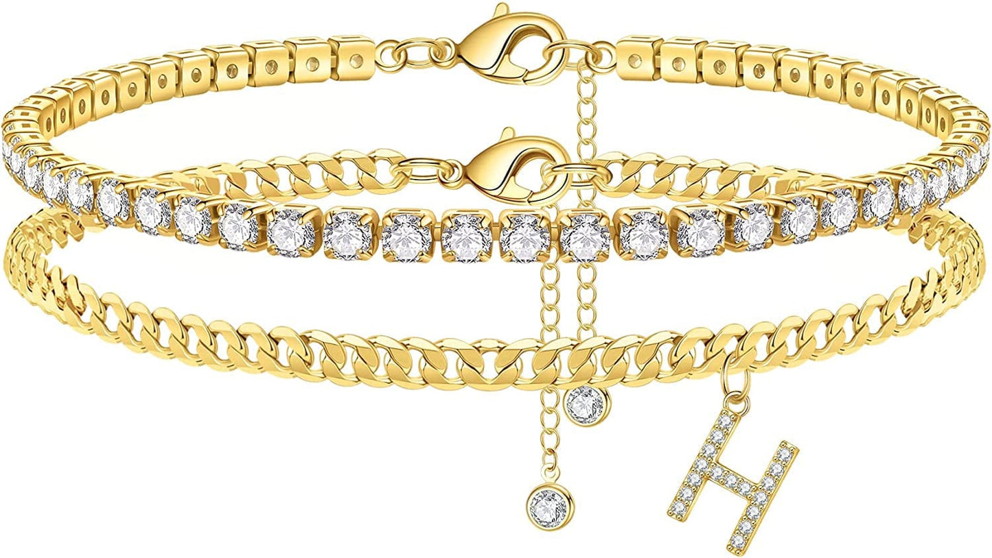 Ankle Bracelets for Women Initial Anklet, 14K Gold Plated Layered Cubic Zirconia Tennis Ankle Bracelets Dainty Letter Initial Anklet A-Z Gold Anklets for Women Teen Girls Beach Foot Jewelry Gifts Apparel & Accessories > Jewelry > Anklets IEFSHINY H