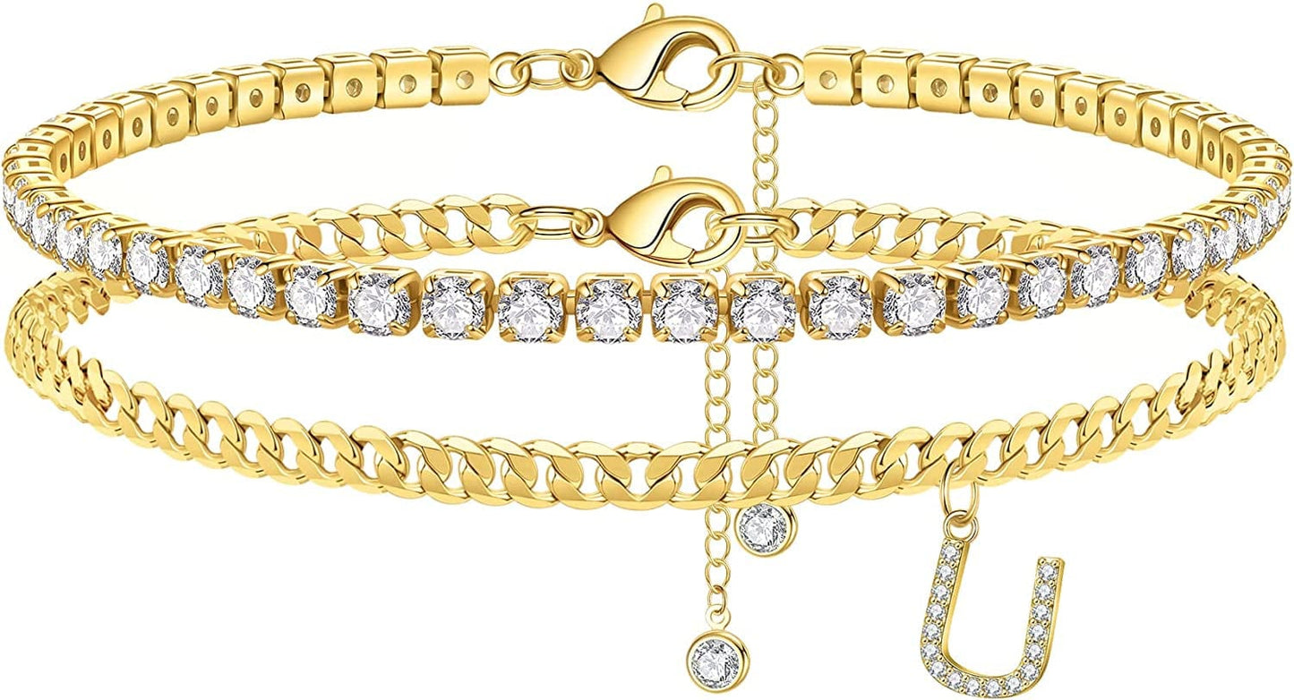 Ankle Bracelets for Women Initial Anklet, 14K Gold Plated Layered Cubic Zirconia Tennis Ankle Bracelets Dainty Letter Initial Anklet A-Z Gold Anklets for Women Teen Girls Beach Foot Jewelry Gifts Apparel & Accessories > Jewelry > Anklets IEFSHINY U
