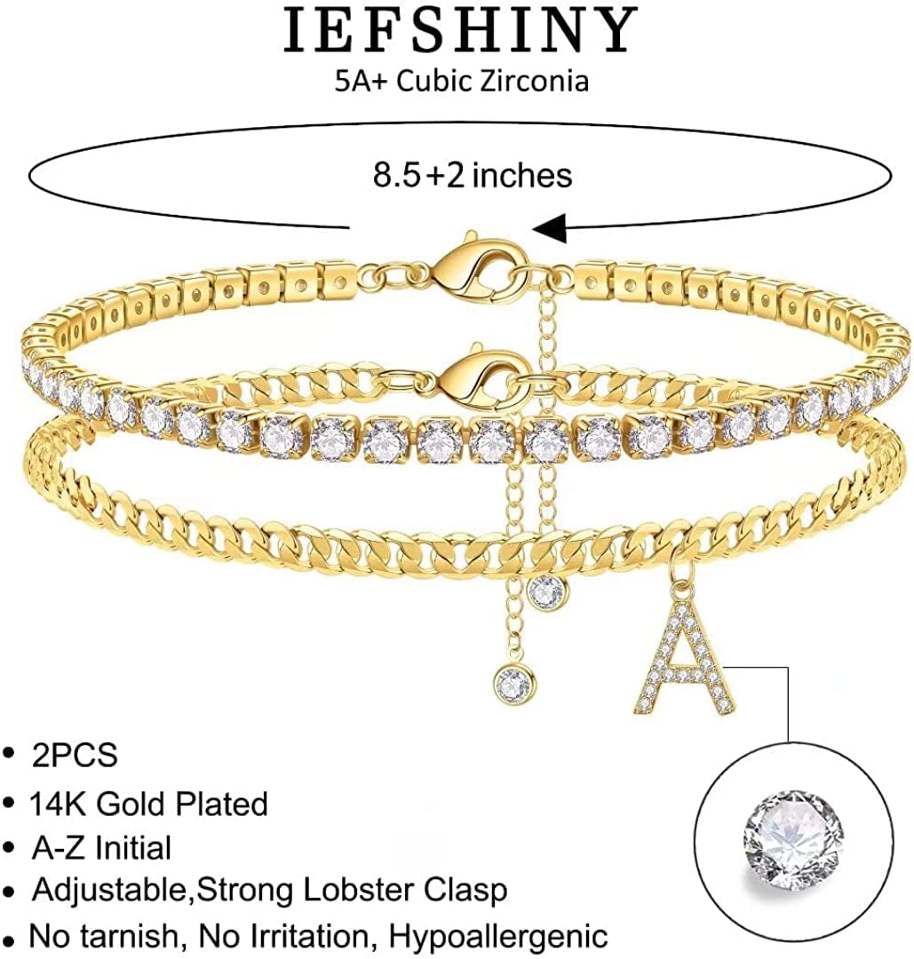 Ankle Bracelets for Women Initial Anklet, 14K Gold Plated Layered Cubic Zirconia Tennis Ankle Bracelets Dainty Letter Initial Anklet A-Z Gold Anklets for Women Teen Girls Beach Foot Jewelry Gifts Apparel & Accessories > Jewelry > Anklets IEFSHINY
