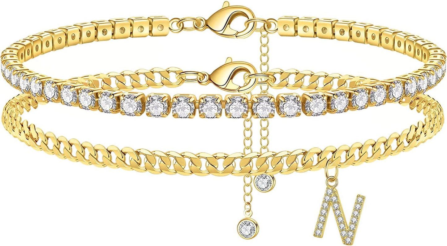 Ankle Bracelets for Women Initial Anklet, 14K Gold Plated Layered Cubic Zirconia Tennis Ankle Bracelets Dainty Letter Initial Anklet A-Z Gold Anklets for Women Teen Girls Beach Foot Jewelry Gifts Apparel & Accessories > Jewelry > Anklets IEFSHINY N