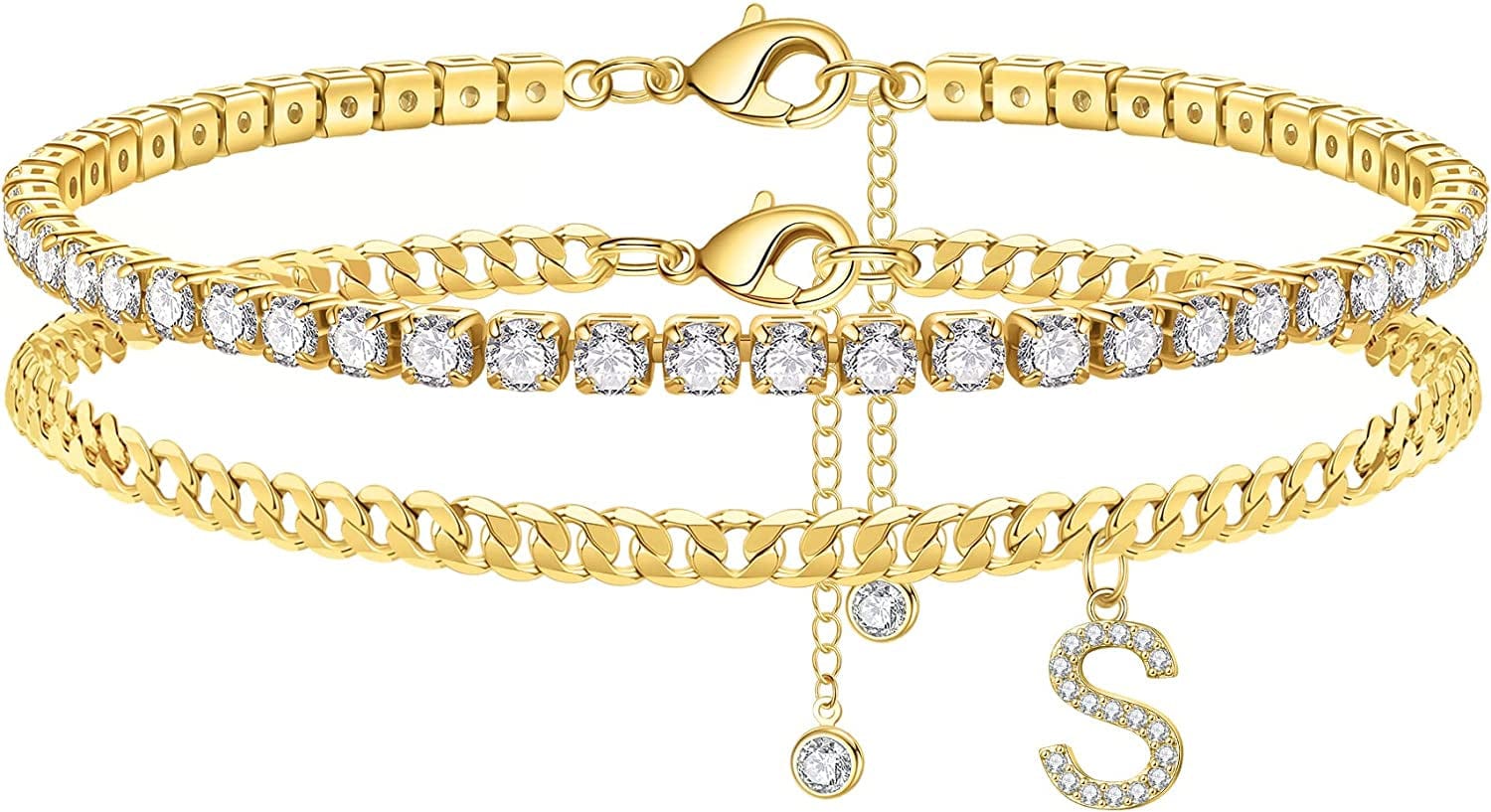 Ankle Bracelets for Women Initial Anklet, 14K Gold Plated Layered Cubic Zirconia Tennis Ankle Bracelets Dainty Letter Initial Anklet A-Z Gold Anklets for Women Teen Girls Beach Foot Jewelry Gifts Apparel & Accessories > Jewelry > Anklets IEFSHINY S