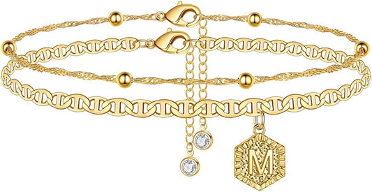Ankle Bracelets for Women Initial Anklet, 2Pcs Mariner Chain Layered 14K Gold Plated Letter Anklet Initials Cute Summer Anklets Ankle Gold Anklets Bracelets for Women Teen Girls Jewelry Gifts Apparel & Accessories > Jewelry > Anklets IEFSHINY M