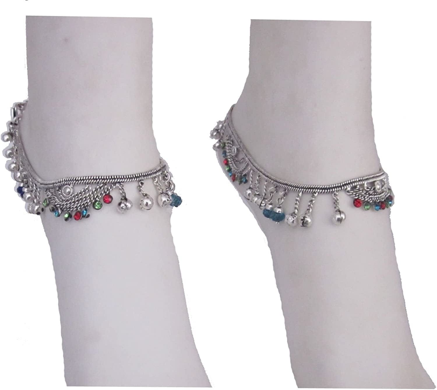 Ankle Foot Chain Jewelry - Crystal Bell Charm - Anklet Bracelet - Boho Barefoot Sandals - Vintage Plated Silver Indian Payal - Tribal Gypsy Hippie Bohemian Music Festival Womens Fashion Apparel & Accessories > Jewelry > Anklets IndiaStop