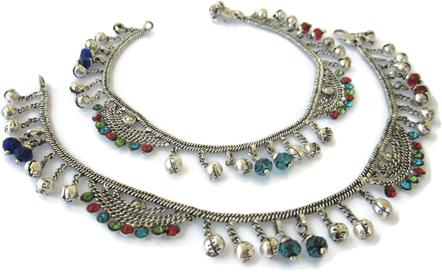 Ankle Foot Chain Jewelry - Crystal Bell Charm - Anklet Bracelet - Boho Barefoot Sandals - Vintage Plated Silver Indian Payal - Tribal Gypsy Hippie Bohemian Music Festival Womens Fashion Apparel & Accessories > Jewelry > Anklets IndiaStop