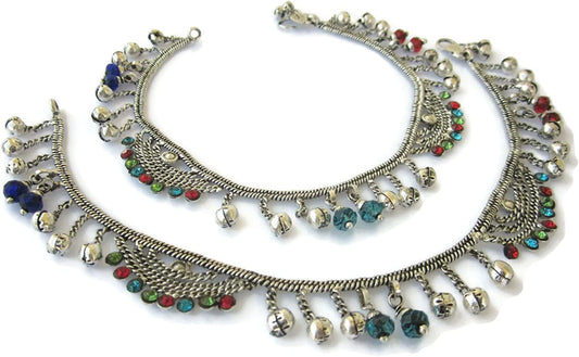 Ankle Foot Chain Jewelry - Crystal Bell Charm - Anklet Bracelet - Boho Barefoot Sandals - Vintage Plated Silver Indian Payal - Tribal Gypsy Hippie Bohemian Music Festival Womens Fashion Apparel & Accessories > Jewelry > Anklets IndiaStop