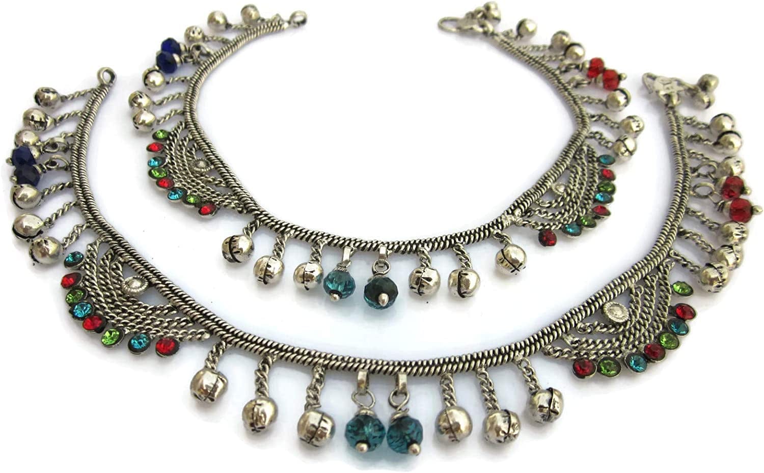 Ankle Foot Chain Jewelry - Crystal Bell Charm - Anklet Bracelet - Boho Barefoot Sandals - Vintage Plated Silver Indian Payal - Tribal Gypsy Hippie Bohemian Music Festival Womens Fashion Apparel & Accessories > Jewelry > Anklets IndiaStop