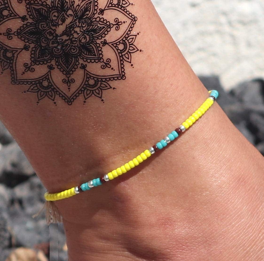 Anklet for Teen Girls and Women, Hippie Colorful Yellow Beaded Beach Anklet, Native American Jewelry, Adjustable Waterproof String Anklet, Handmade by Tribes Apparel & Accessories > Jewelry > Anklets Tribes by Sara K