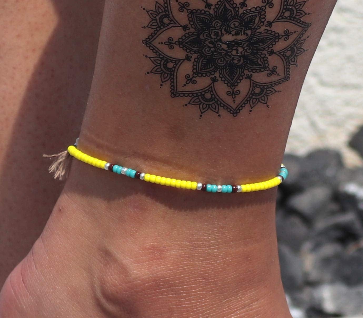 Anklet for Teen Girls and Women, Hippie Colorful Yellow Beaded Beach Anklet, Native American Jewelry, Adjustable Waterproof String Anklet, Handmade by Tribes Apparel & Accessories > Jewelry > Anklets Tribes by Sara K