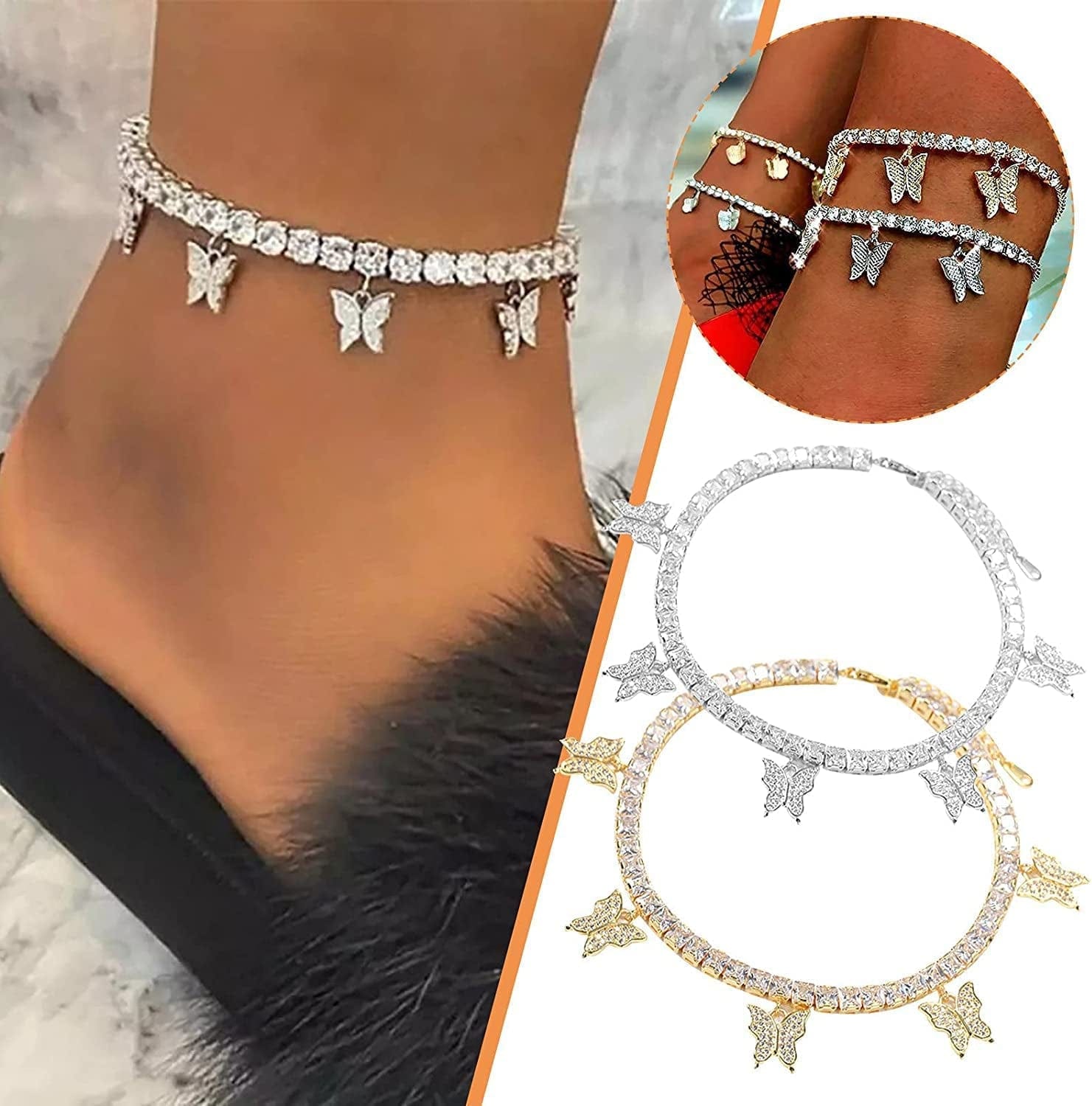 Anklet for Women 18K Gold /Sterling Silver Cute Butterfly Plated Chain Tennis Ankle Bracelet with Extension Gife for Girl Wife Apparel & Accessories > Jewelry > Anklets Generic