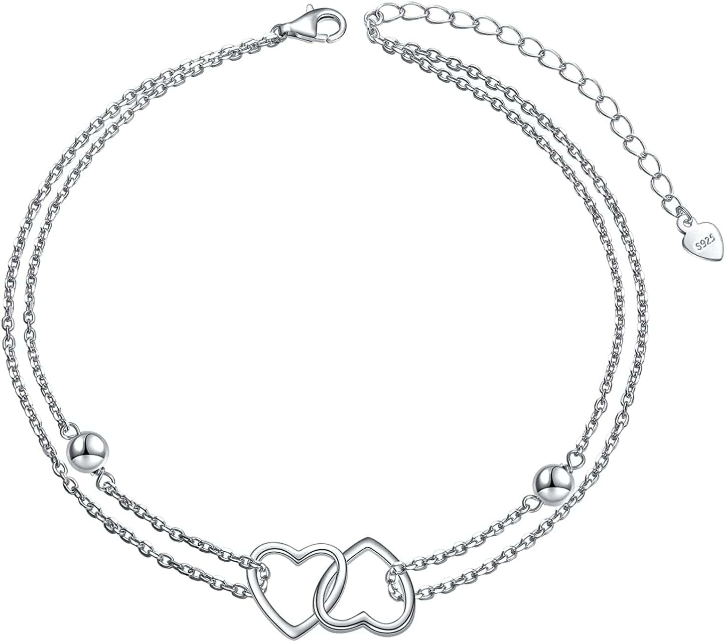 Anklet for Women S925 Sterling Silver Adjustable Foot Evil Eye Starfish Heart Bead Butterfly Celtic Knot Cross Multilayer Layered Ankle Bracelet Jewelry Apparel & Accessories > Jewelry > Anklets ALPHM Jewelry Factory Double Heart.