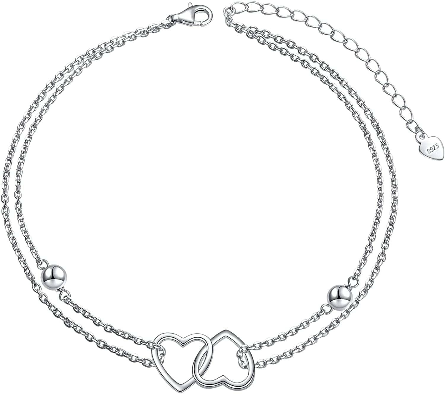 Anklet for Women S925 Sterling Silver Adjustable Foot Evil Eye Starfish Heart Bead Butterfly Celtic Knot Cross Multilayer Layered Ankle Bracelet Jewelry Apparel & Accessories > Jewelry > Anklets ALPHM Jewelry Factory Double Heart.
