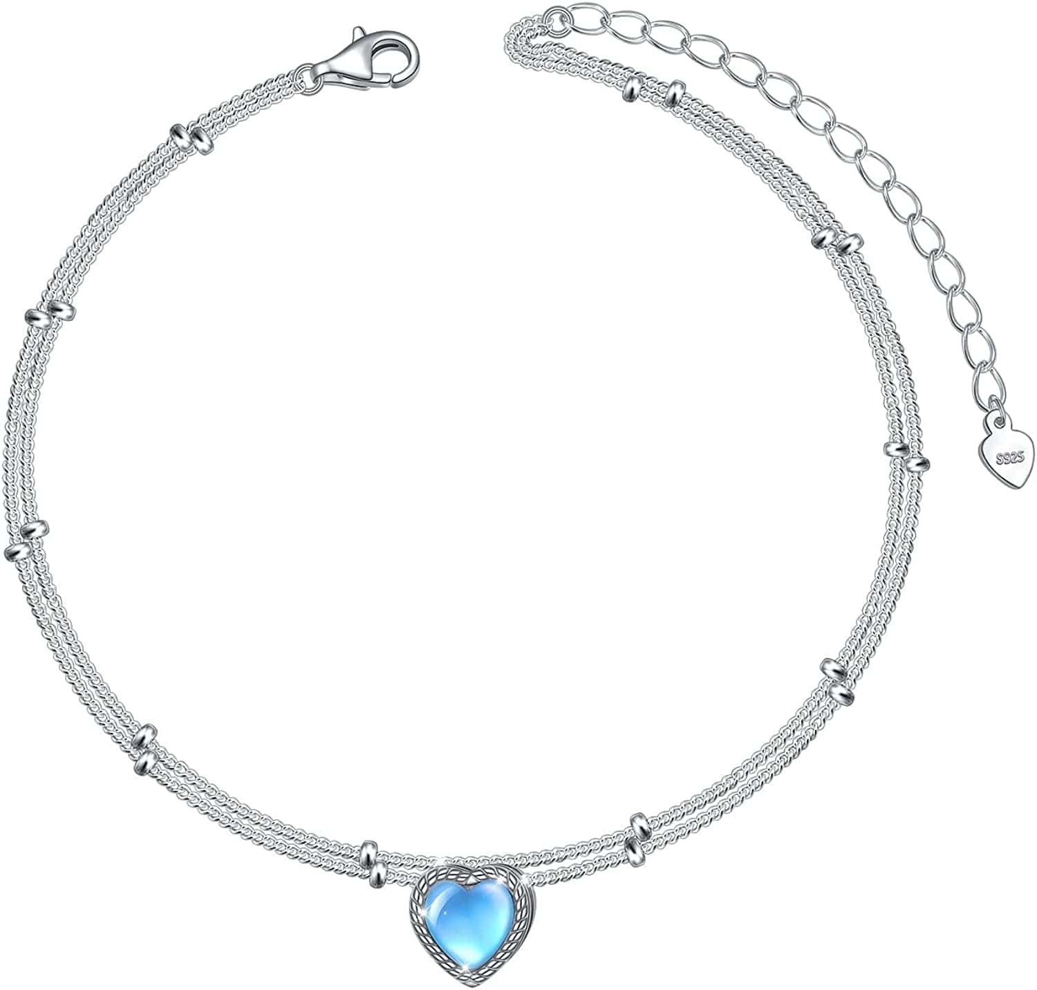 Anklets for Women S925 Sterling Silver Adjustable Beach Foot Ankle Bracelet Jewelry Gifts Apparel & Accessories > Jewelry > Anklets Silvermoon jewelry Heart Moon Stone