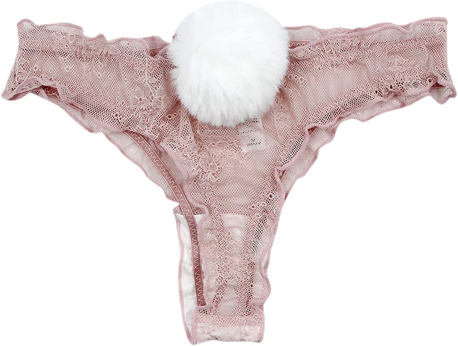 ANKOMINA Women Sexy Lace Panties Cute Fur Ball Rabbit Tail Transparent Seamless Underwear Low Rise G-String Thongs Lingerie Pink / Large