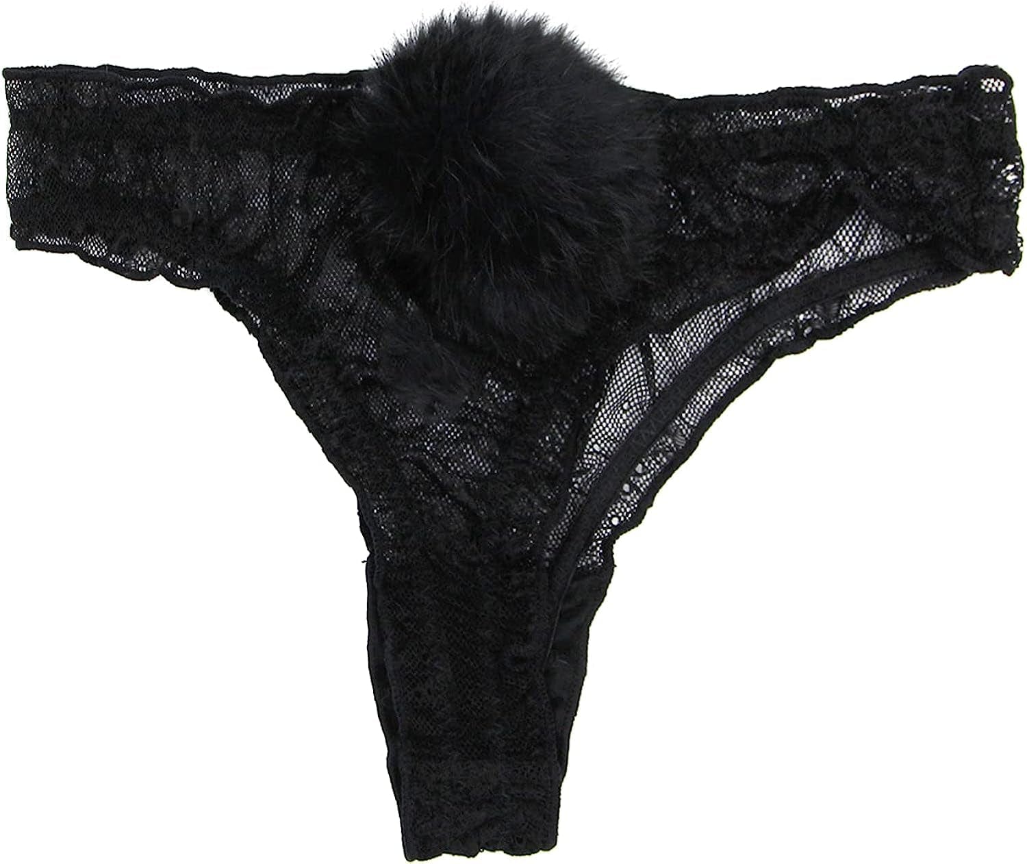 ANKOMINA Women Sexy Lace Panties Cute Fur Ball Rabbit Tail Transparent Seamless Underwear Low Rise G-String Thongs Lingerie Black / Medium
