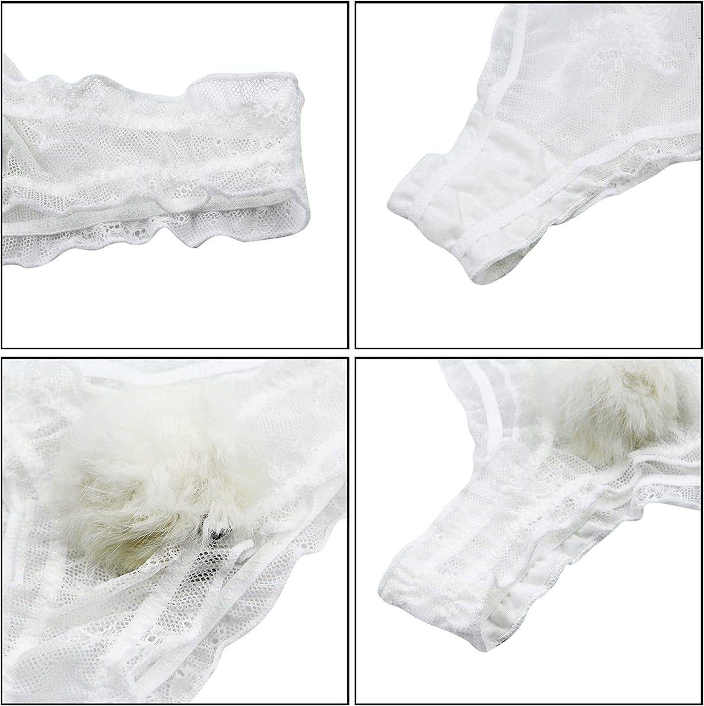 ANKOMINA Women Sexy Lace Panties Cute Fur Ball Rabbit Tail Transparent Seamless Underwear Low Rise G-String Thongs Lingerie