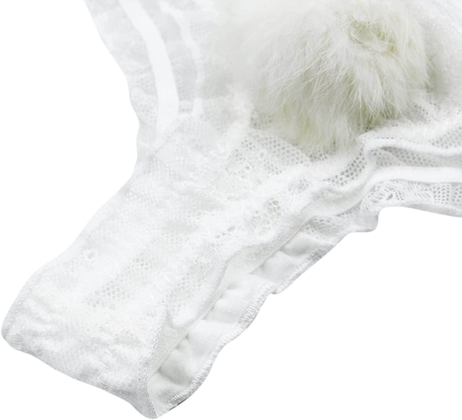 ANKOMINA Women Sexy Lace Panties Cute Fur Ball Rabbit Tail Transparent Seamless Underwear Low Rise G-String Thongs Lingerie