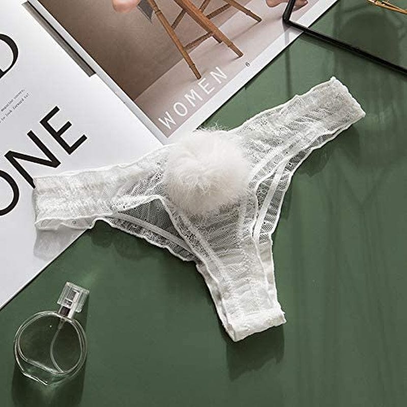 ANKOMINA Women Sexy Lace Panties Cute Fur Ball Rabbit Tail Transparent Seamless Underwear Low Rise G-String Thongs Lingerie