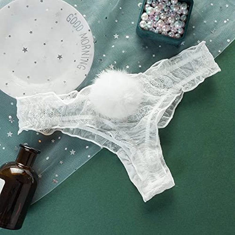 ANKOMINA Women Sexy Lace Panties Cute Fur Ball Rabbit Tail Transparent Seamless Underwear Low Rise G-String Thongs Lingerie