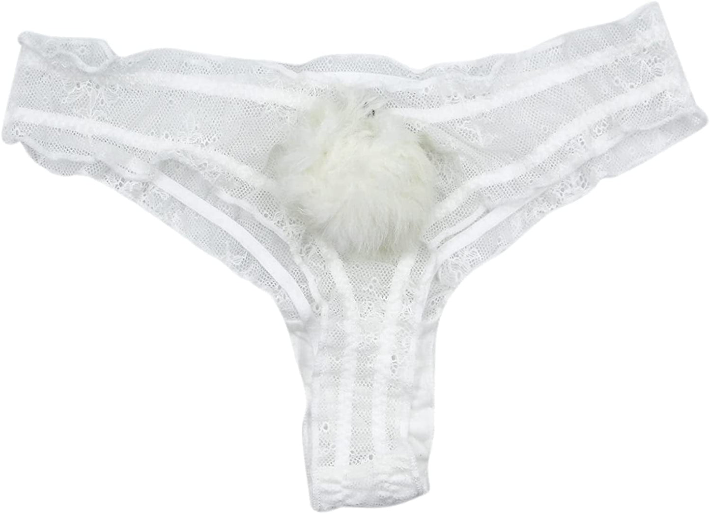 ANKOMINA Women Sexy Lace Panties Cute Fur Ball Rabbit Tail Transparent Seamless Underwear Low Rise G-String Thongs Lingerie White / Large