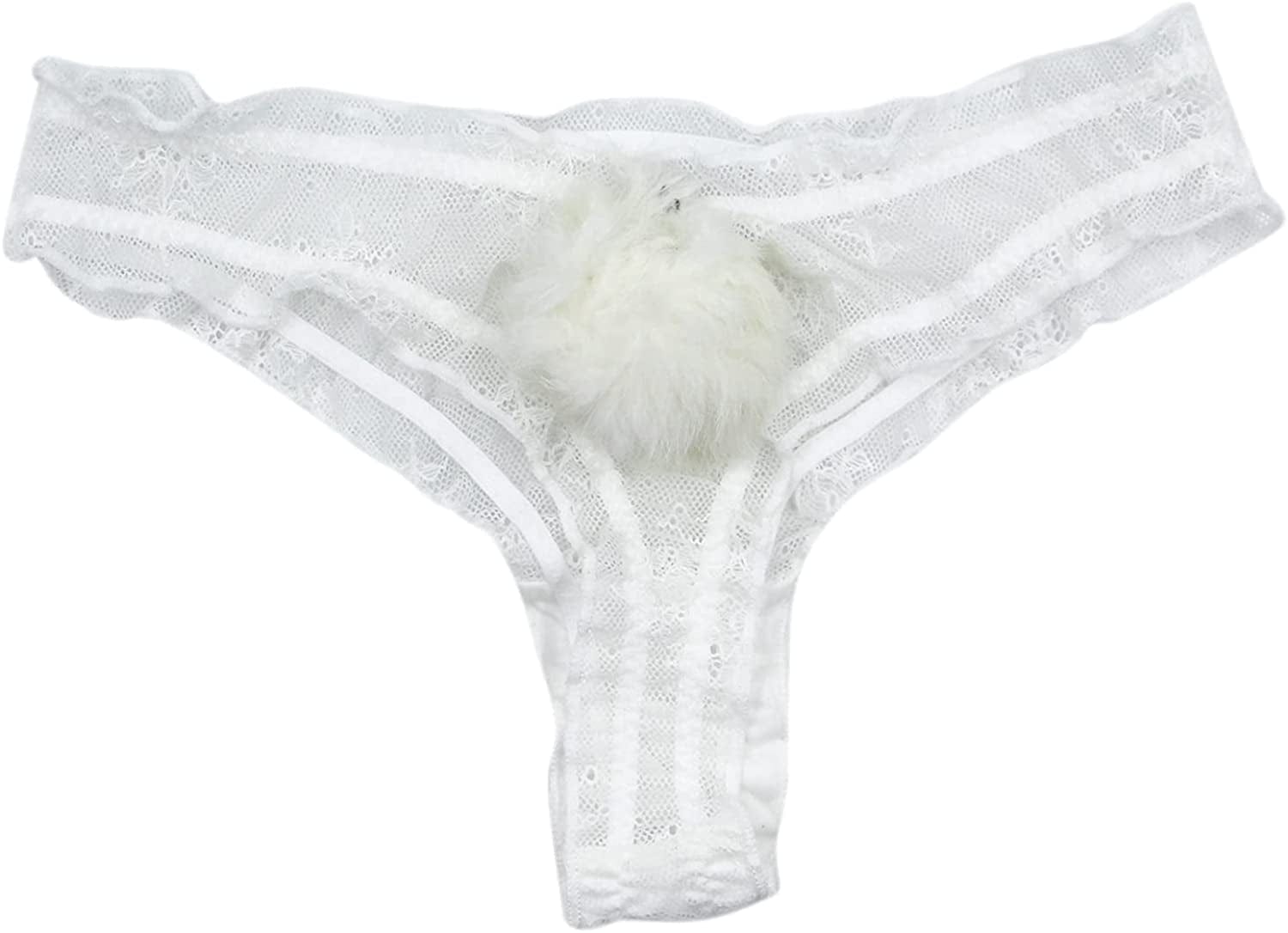 ANKOMINA Women Sexy Lace Panties Cute Fur Ball Rabbit Tail Transparent Seamless Underwear Low Rise G-String Thongs Lingerie White / Large