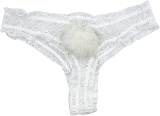 ANKOMINA Women Sexy Lace Panties Cute Fur Ball Rabbit Tail Transparent Seamless Underwear Low Rise G-String Thongs Lingerie White / Large