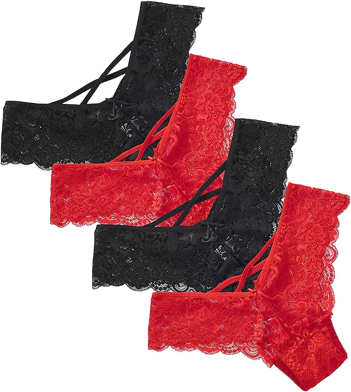 Anna & Eric Floral Lace Sexy V-Back Criss Cross Mid Rise Thong Panties Black+red / X-Large