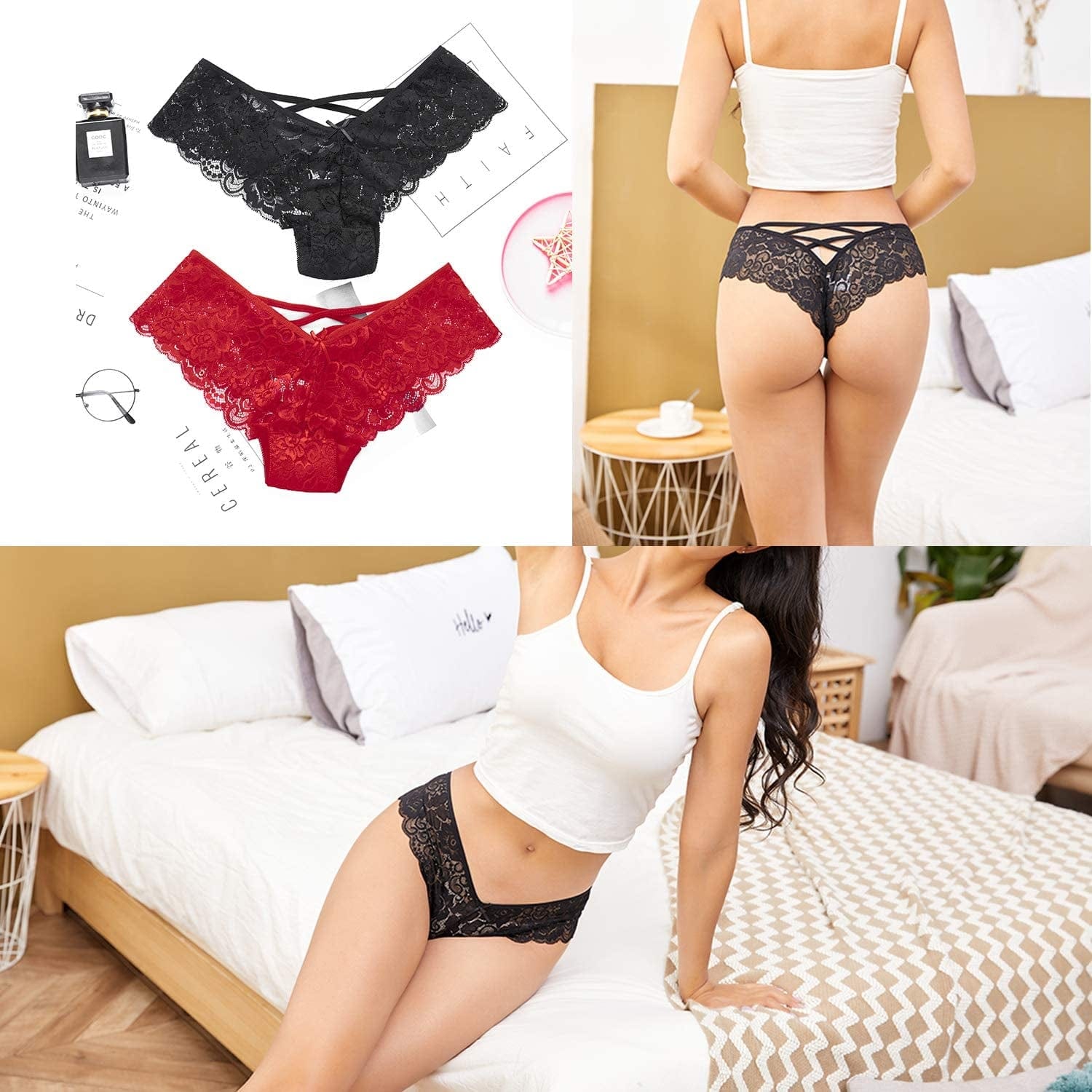 Anna & Eric Floral Lace Sexy V-Back Criss Cross Mid Rise Thong Panties