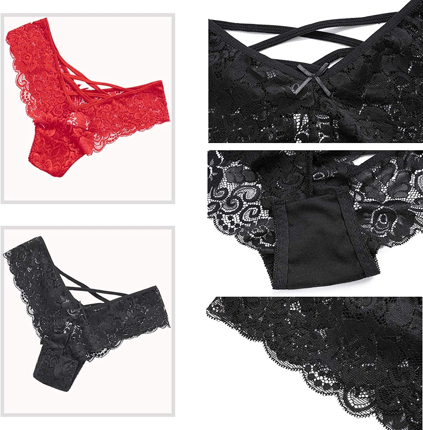 Anna & Eric Floral Lace Sexy V-Back Criss Cross Mid Rise Thong Panties