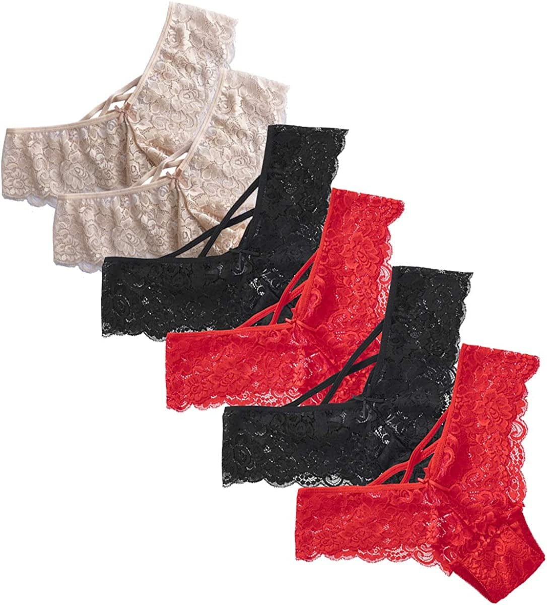 Anna & Eric Floral Lace Sexy V-Back Criss Cross Mid Rise Thong Panties 2b2r2n / X-Large