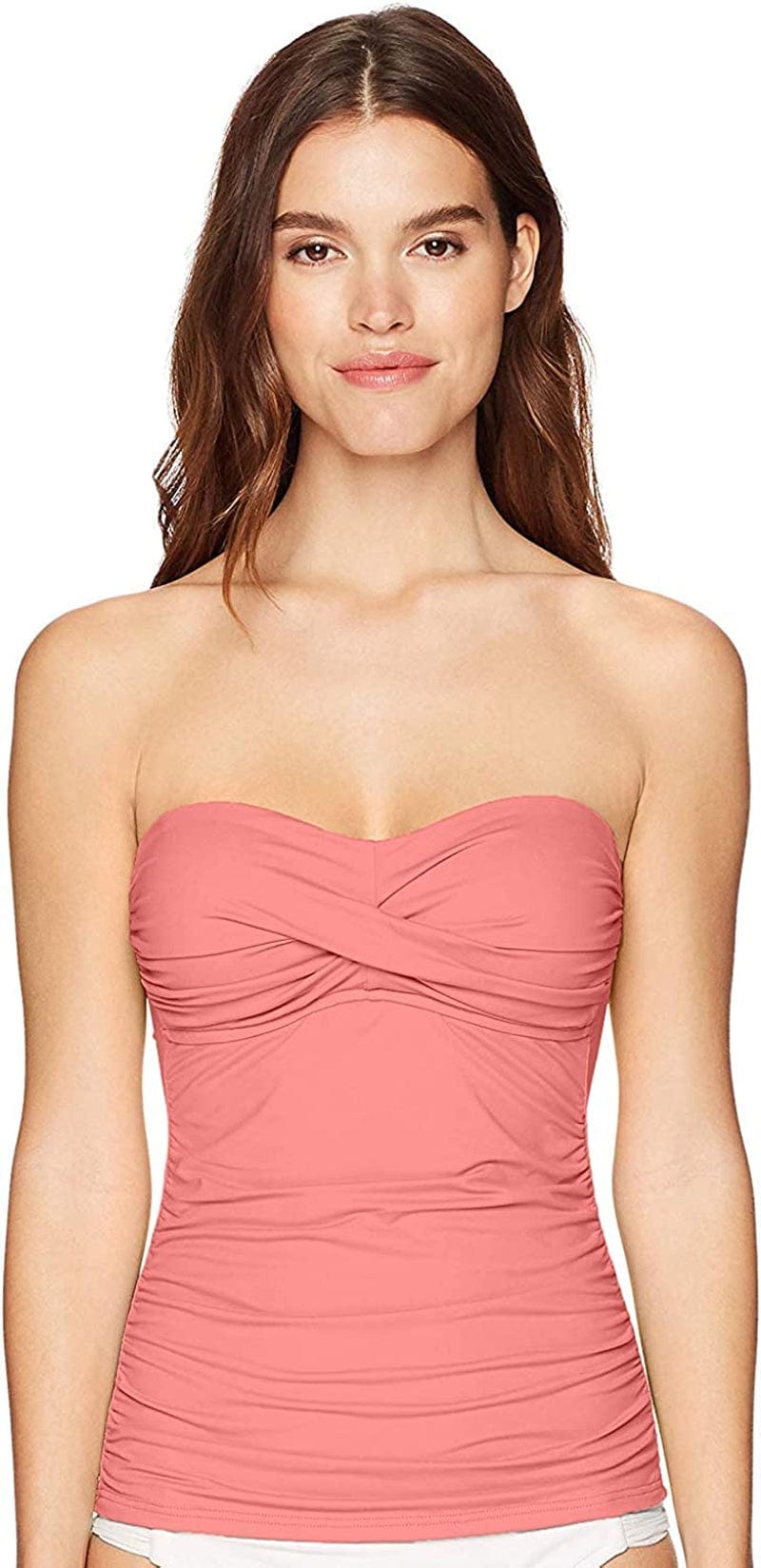 Anne Cole Women'S Solid Twist Front Shirred Bandeau Tankini Swim Top New Coral / X-Small