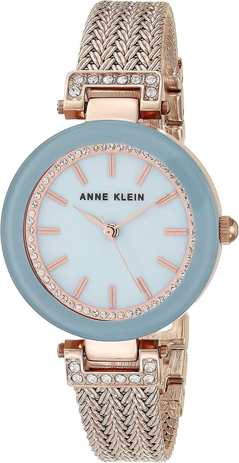 Anne Klein Women'S Premium Crystal Accented Mesh Bracelet Watch Light Blue/Rose Gold