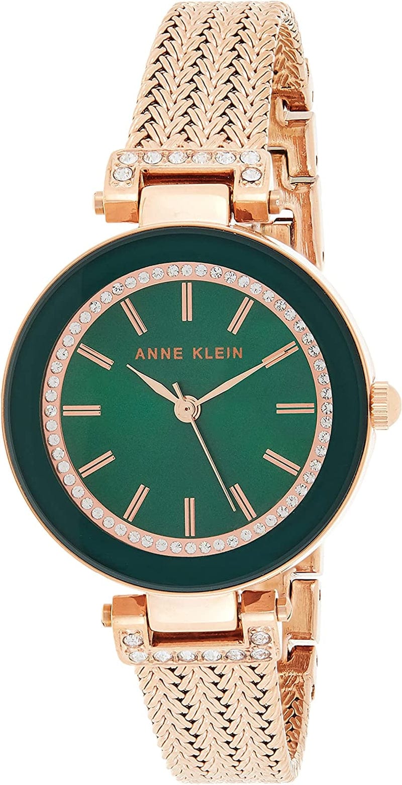 Anne Klein Women'S Premium Crystal Accented Mesh Bracelet Watch Rose Gold/Green