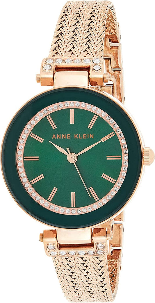 Anne Klein Women'S Premium Crystal Accented Mesh Bracelet Watch Rose Gold/Green