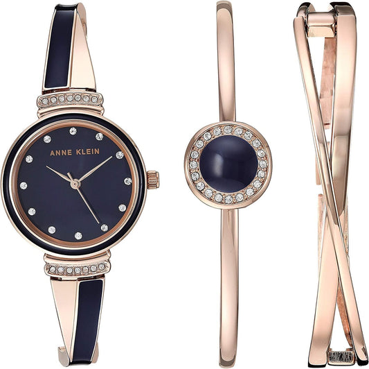 Anne Klein Women'S Premium Crystal Accented Watch and Bangle Set Gold/Navy Blue