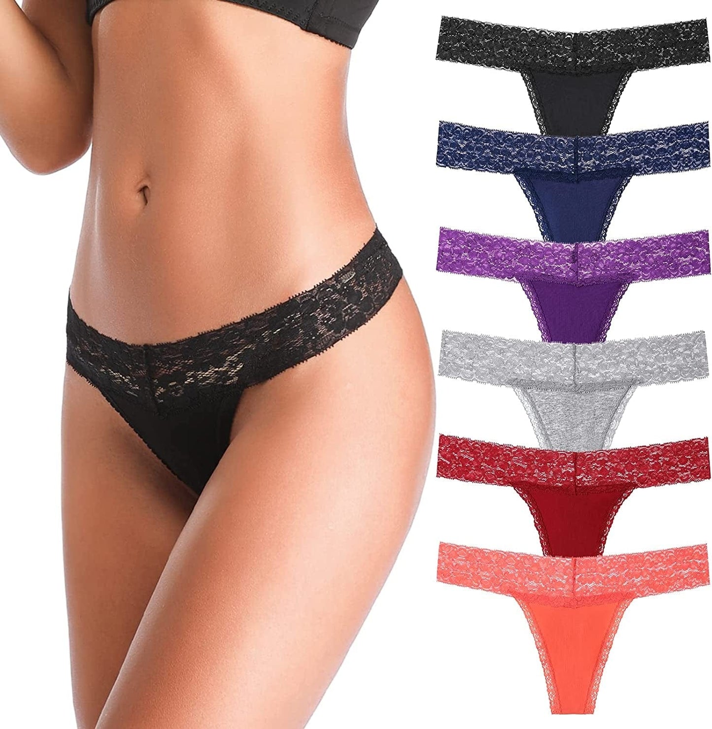 ANNYISON Women'S Thongs, T Back Low Waist See through Panties Cotton Seamless Lace Thongs for Women Multicoloured K - 6 Pack / XX-Large